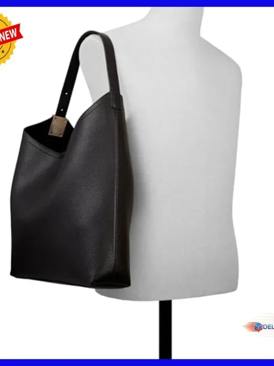 Large Hobo Shoulder Bag, Polyurethane, Roomy Satchel with Snap Closure - Picture 4 of 5